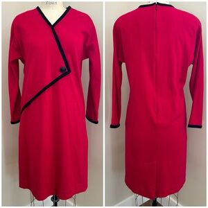 VTG 80s Wool Red Dress Dolman Sleeve Shift Black Detail Sz 10